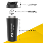 MuscleBlaze Steel Shaker 750ml | Leakproof Gym Bottle with Steel Whisk – Stealth Black