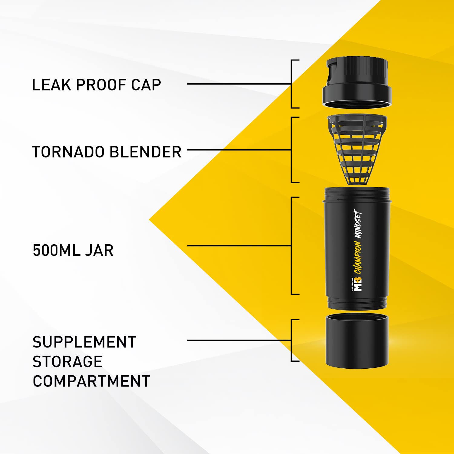 MuscleBlaze Tornado Gym Shaker (Black, 500ml) | BPA-Free, Leakproof Sipper Bottle with Extra Compartment
