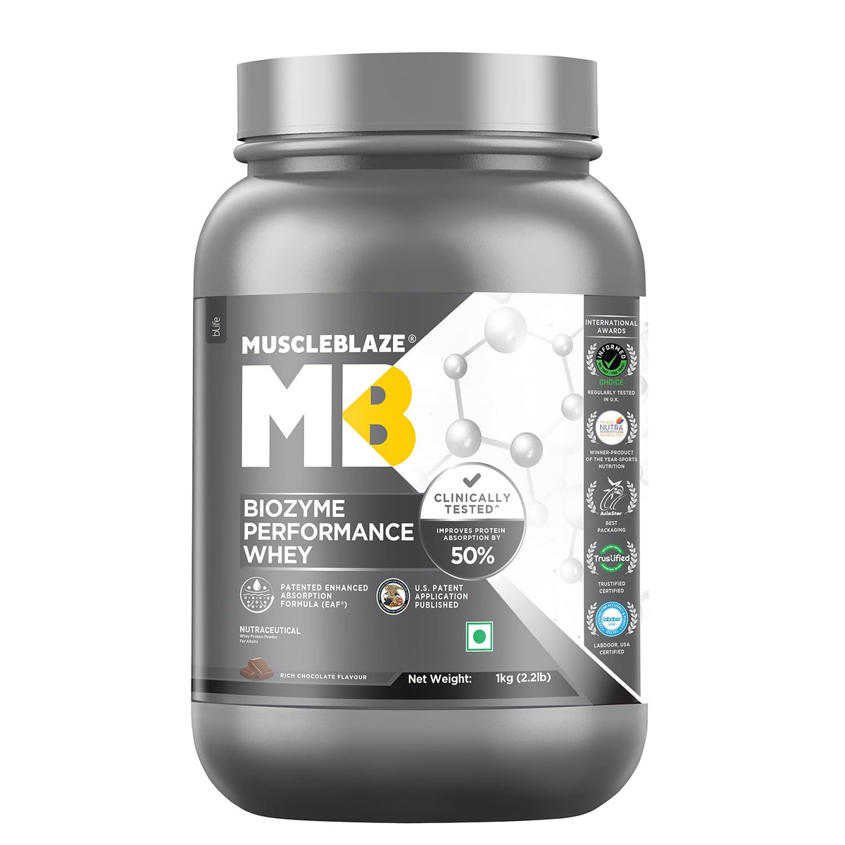 MuscleBlaze Biozyme Performance Whey Protein (Rich Chocolate, 1kg / 2.2lb)