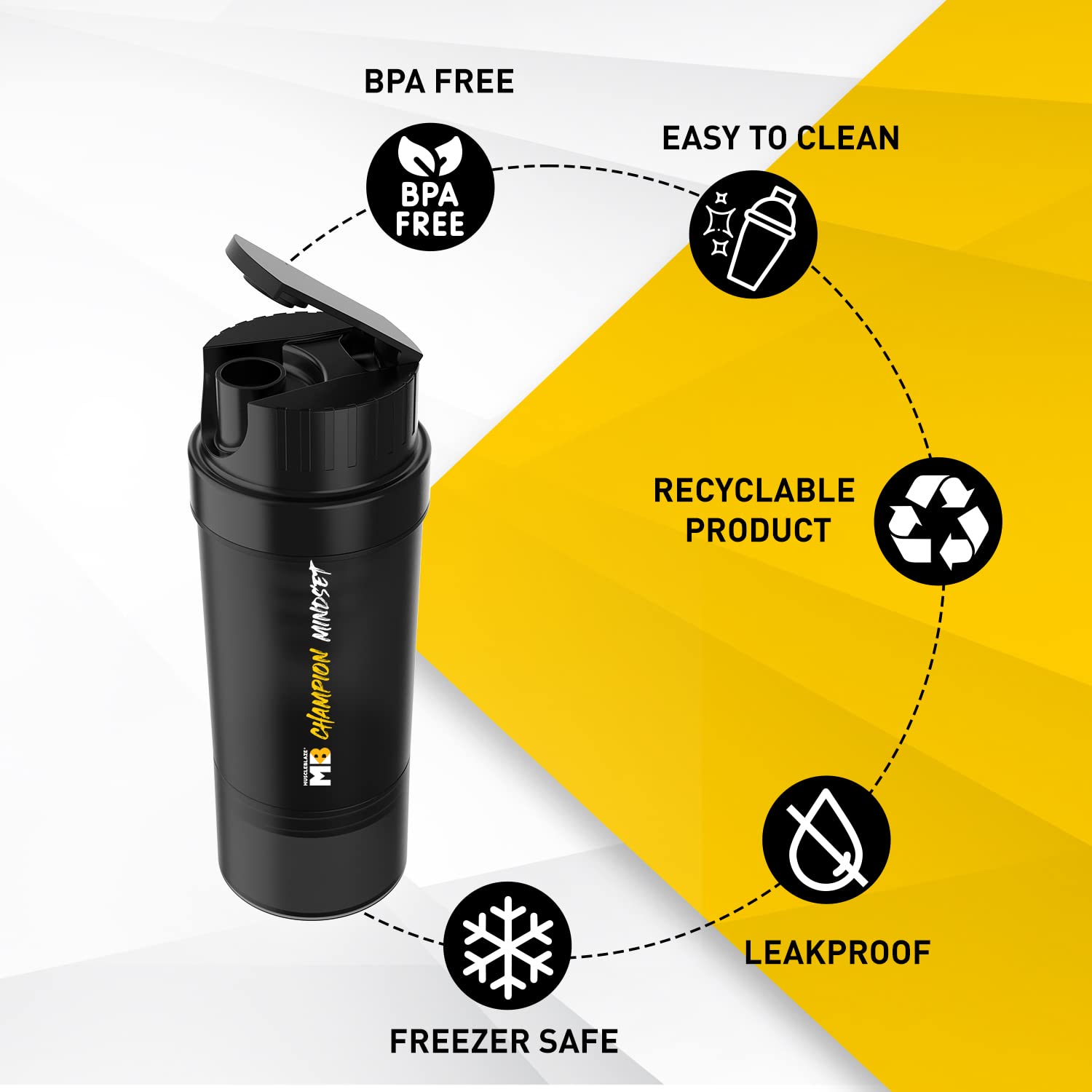 MuscleBlaze Tornado Gym Shaker (Black, 500ml) | BPA-Free, Leakproof Sipper Bottle with Extra Compartment
